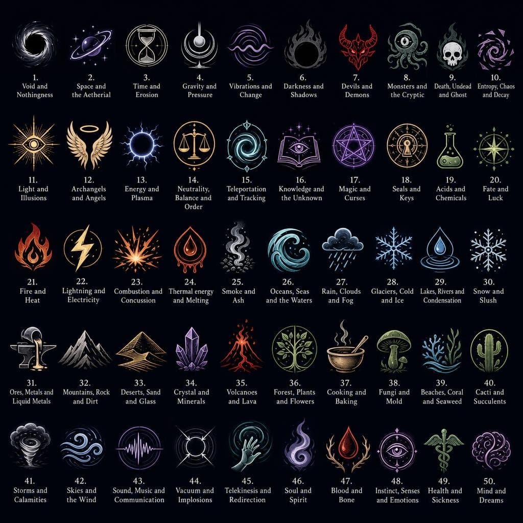AI generated: create little symbols for all 50 of these elements - 
Void and Nothingness
Space and the Aetherial
T...