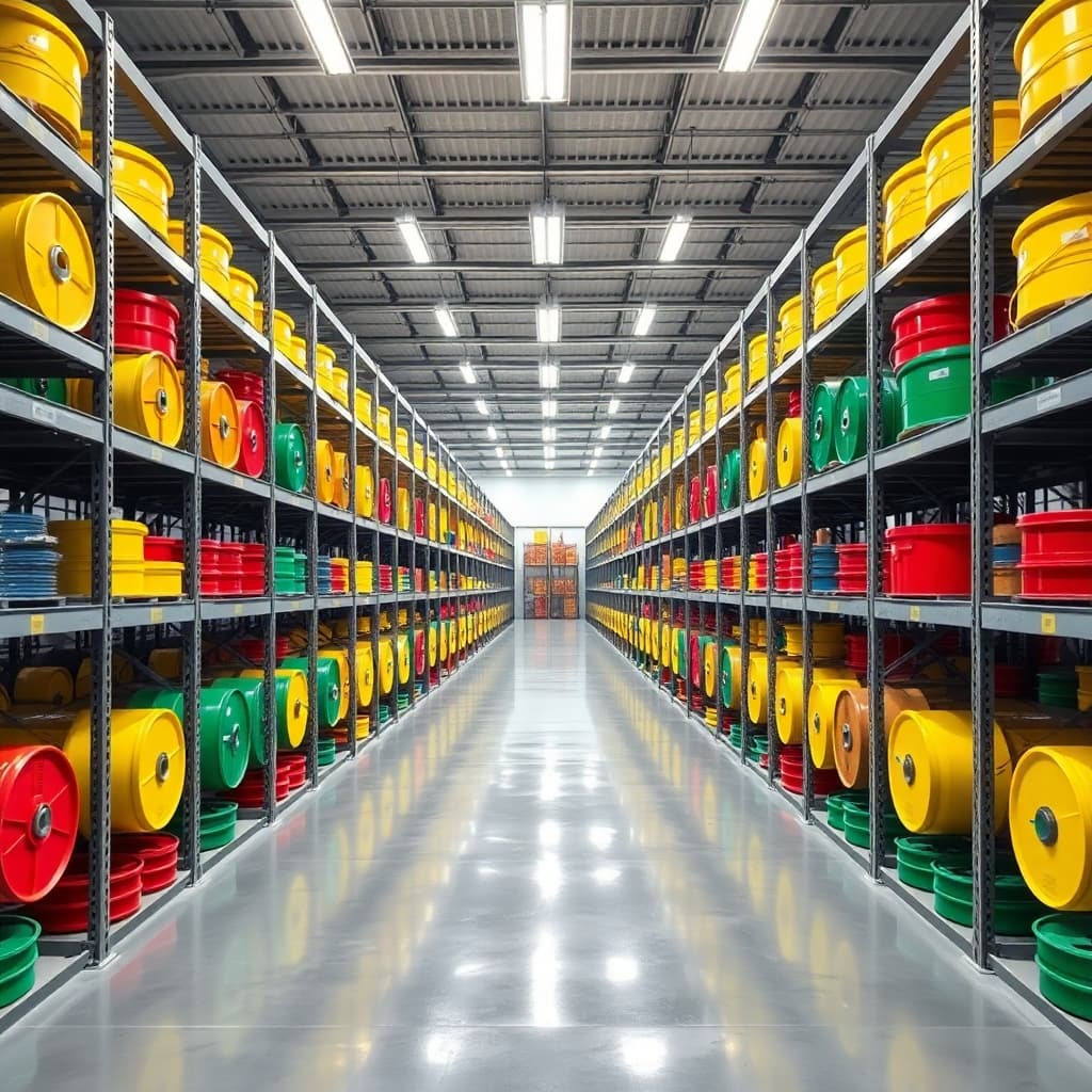 AI generated: A symmetrical view of an industrial storage facility with metal shelving, showcasing rows of colorfu...