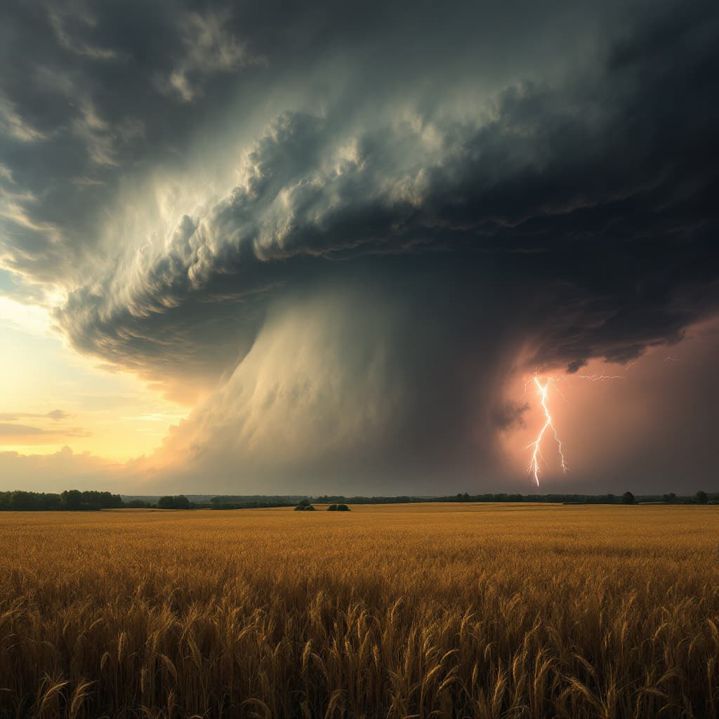 AI generated: a mega-cyclone over a wheat field, lightning striking in the distance, hyperreal detail --v 7 --styl...
