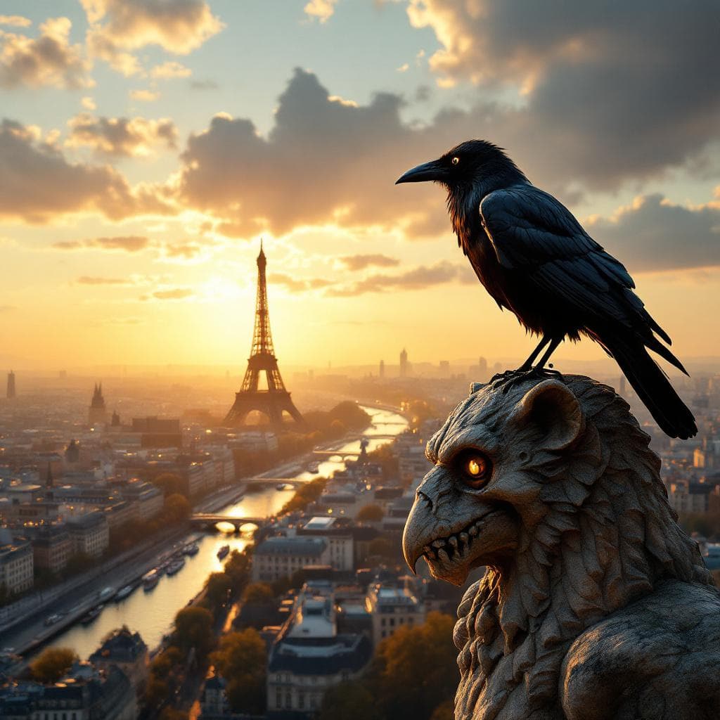 AI generated: Ultra Realistic image, square format (1:1). A black crow perched on the head of a weathered realisti...