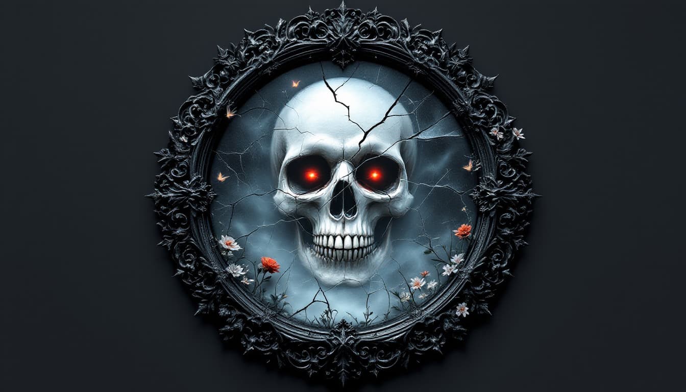 AI generated: A dark fantasy logo featuring a broken circular mirror framed by intricate gothic architecture — twi...