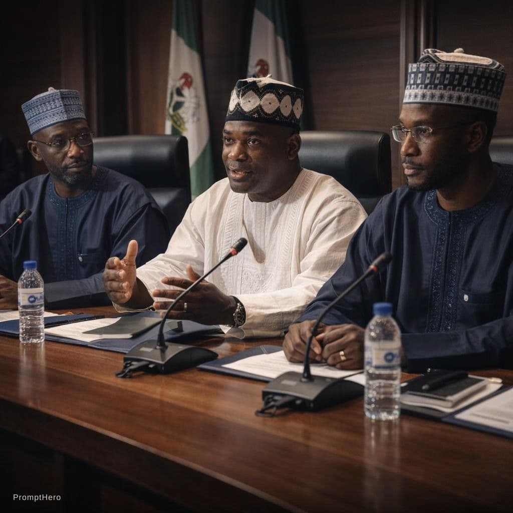 AI generated: A highly realistic, high-resolution image of three influential Nigerian political leaders sitting to...