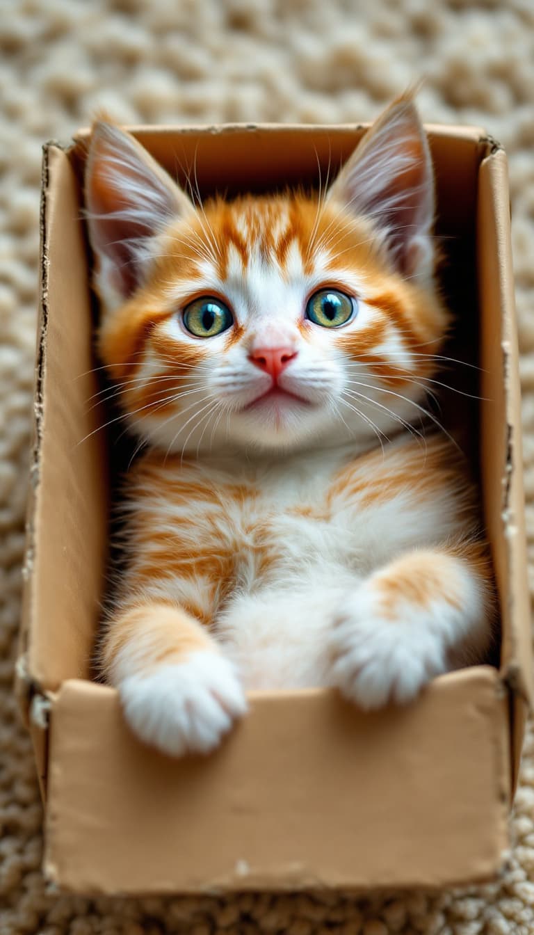 AI generated: Hyper-realistic close-up photograph of an adorable orange and white tabby kitten lying on its back, ...