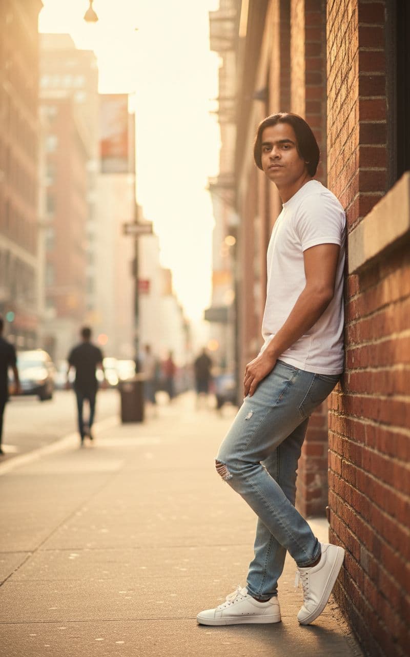 AI generated: a stylish young man with a lean, toned physique height 5feet 6inch, brown eyes, black hair same as r...