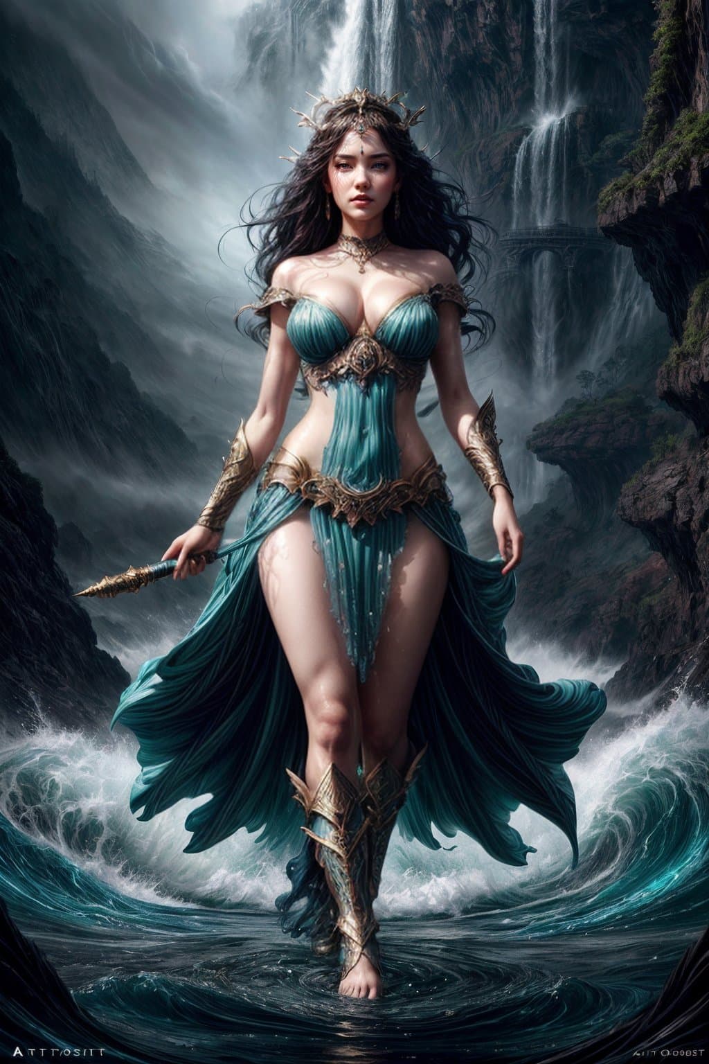 AI generated: fully clothed powerful goddess of water clothed in swirling water striding through a stormy sea, hig...