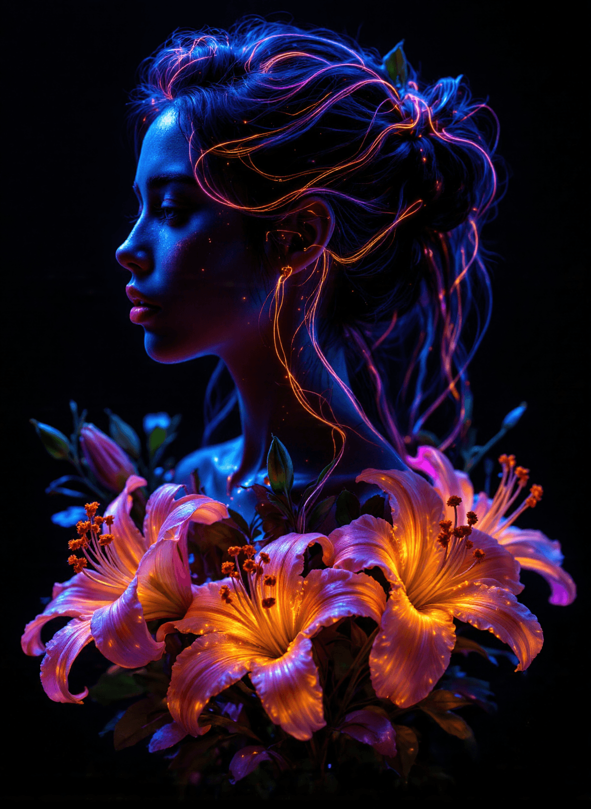AI generated: The image is a vibrant and artistic depiction of a woman's profile. The woman is portrayed in a side...