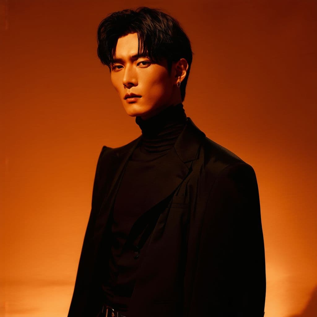 AI generated: fashion editorial photography, front shot, full-body, professional korean male model, shot with hass...