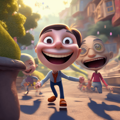 AI generated: An image of a happy cartoon man, full body accompanied by several characters, which are well defined...