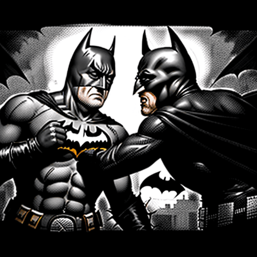 AI generated: Black and white illustration of the fight between Batman and Leatherface