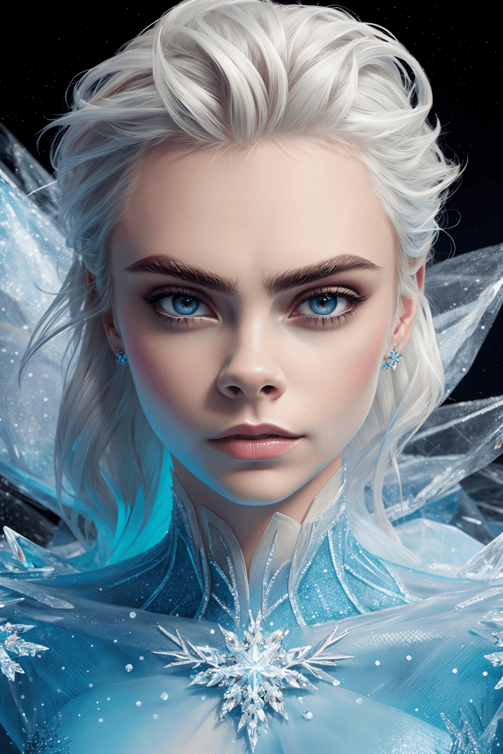 AI generated: Cara Delevingne as Elsa, Frozen, surrounded by ice, black backdrop background, dynamic portrait, hyp...