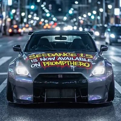 AI generated video: A cinematic night scene on an empty industrial road.
In the distance, a high-performance sports car ...