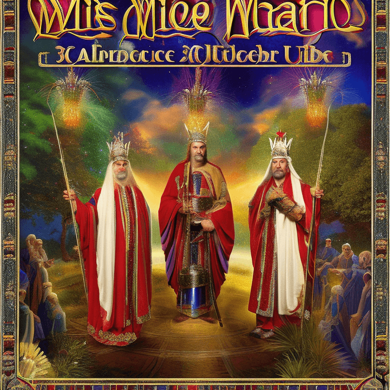 AI generated:  A beautiful and detailed illustration of the three wise men (3 reyes magos) standing in a vibrant o...