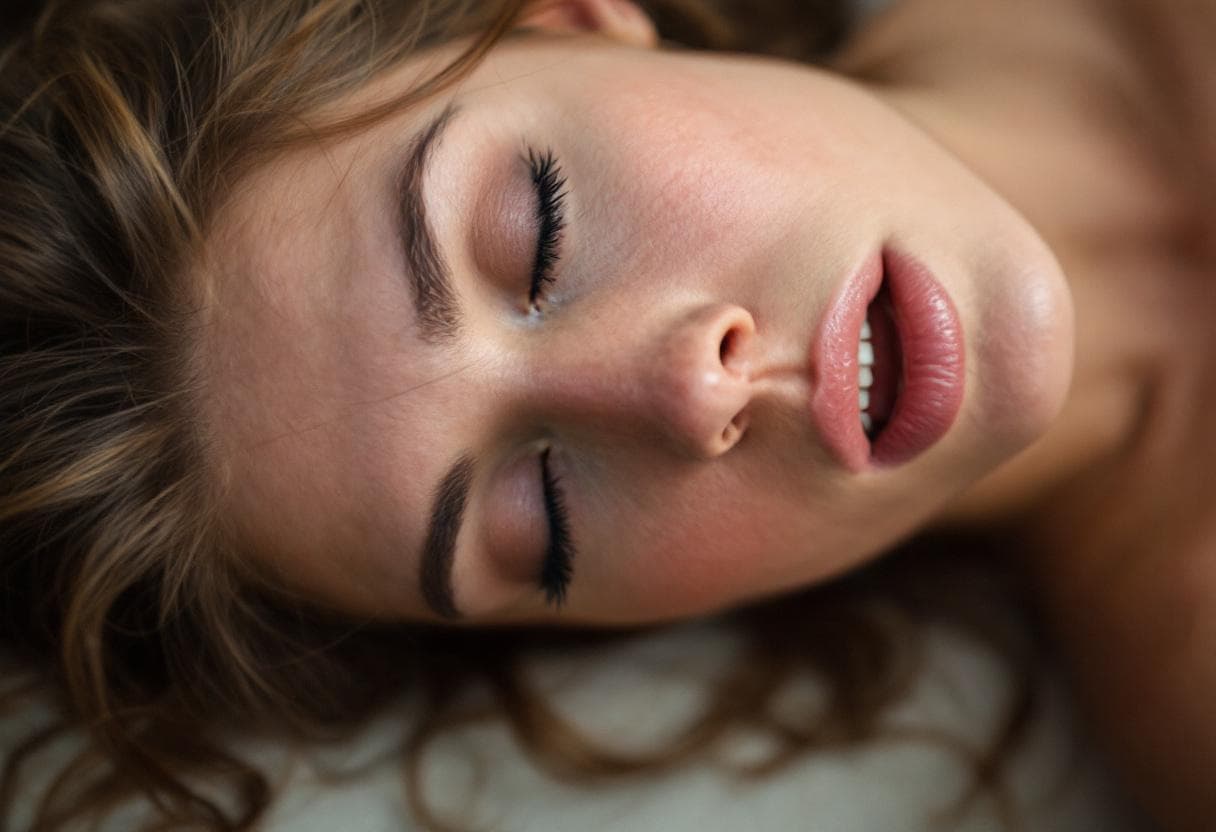 AI generated: Hyper-realistic photography, 
Beautiful college model, intense facial expression, eyes partially clo...