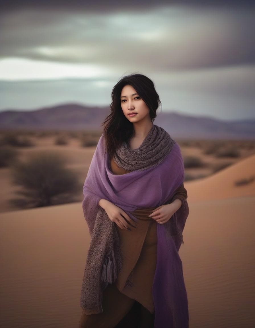 AI generated: In a post-apocalyptic scene, a pretty female in bare clothing, with a desert scarf, desert, campfire...