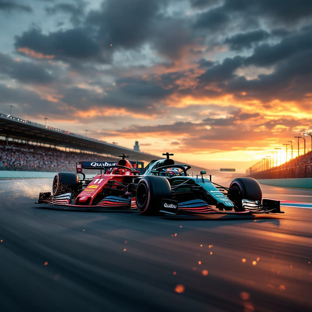 AI generated: A high-speed Formula 1 race is taking place on a professional circuit during a breathtaking sunset. ...