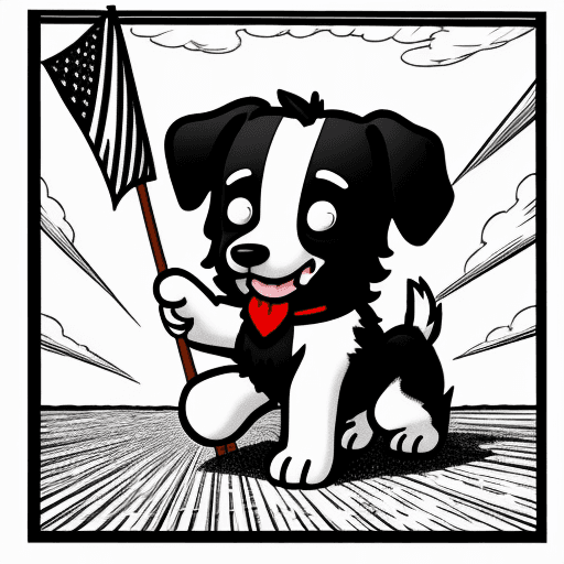 AI generated: black-white dog weaving a flag, comic style