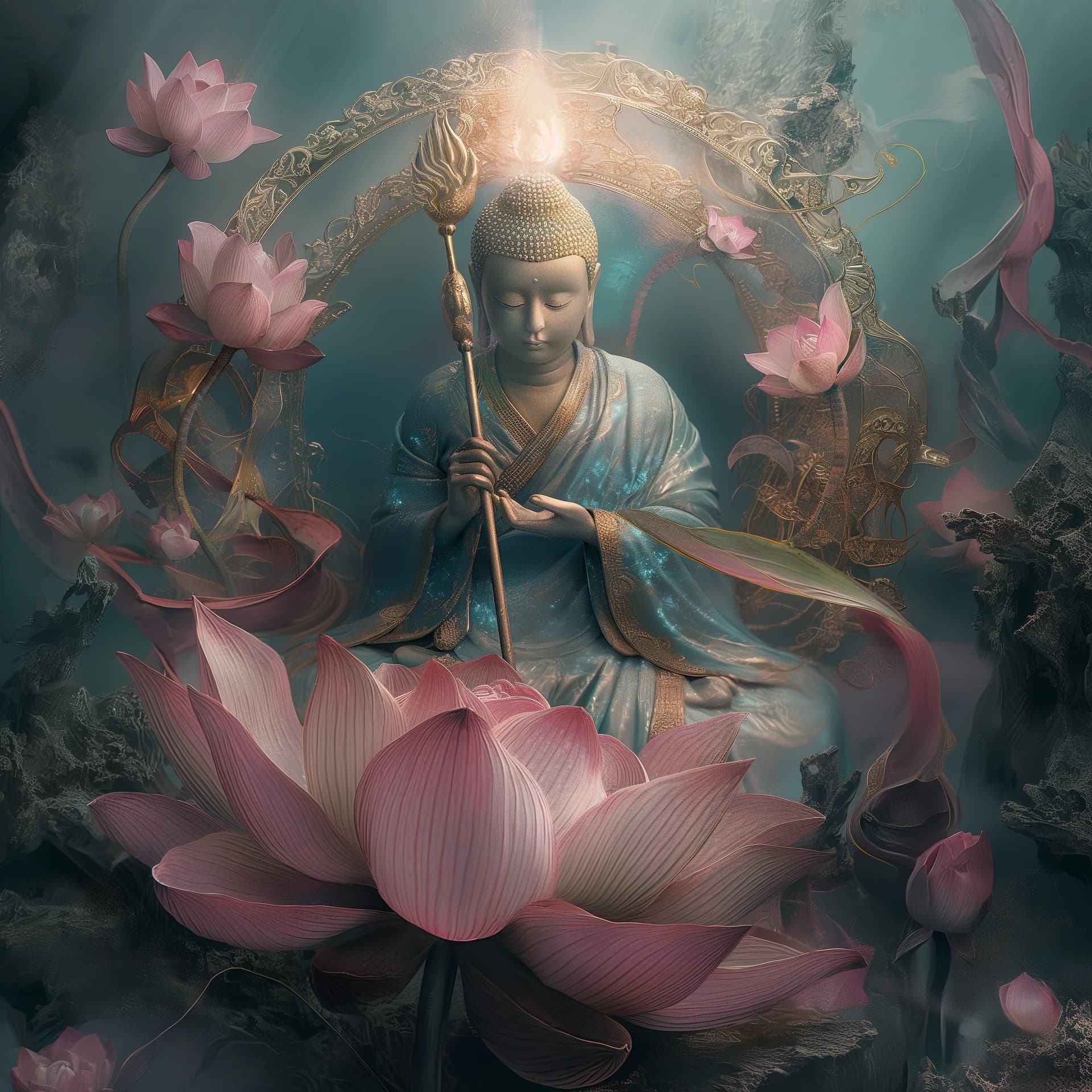 AI generated: The Bodhisattva M()]);. Buddha with halo sitting on lotus, holding staff in hand, radiant aura aroun...