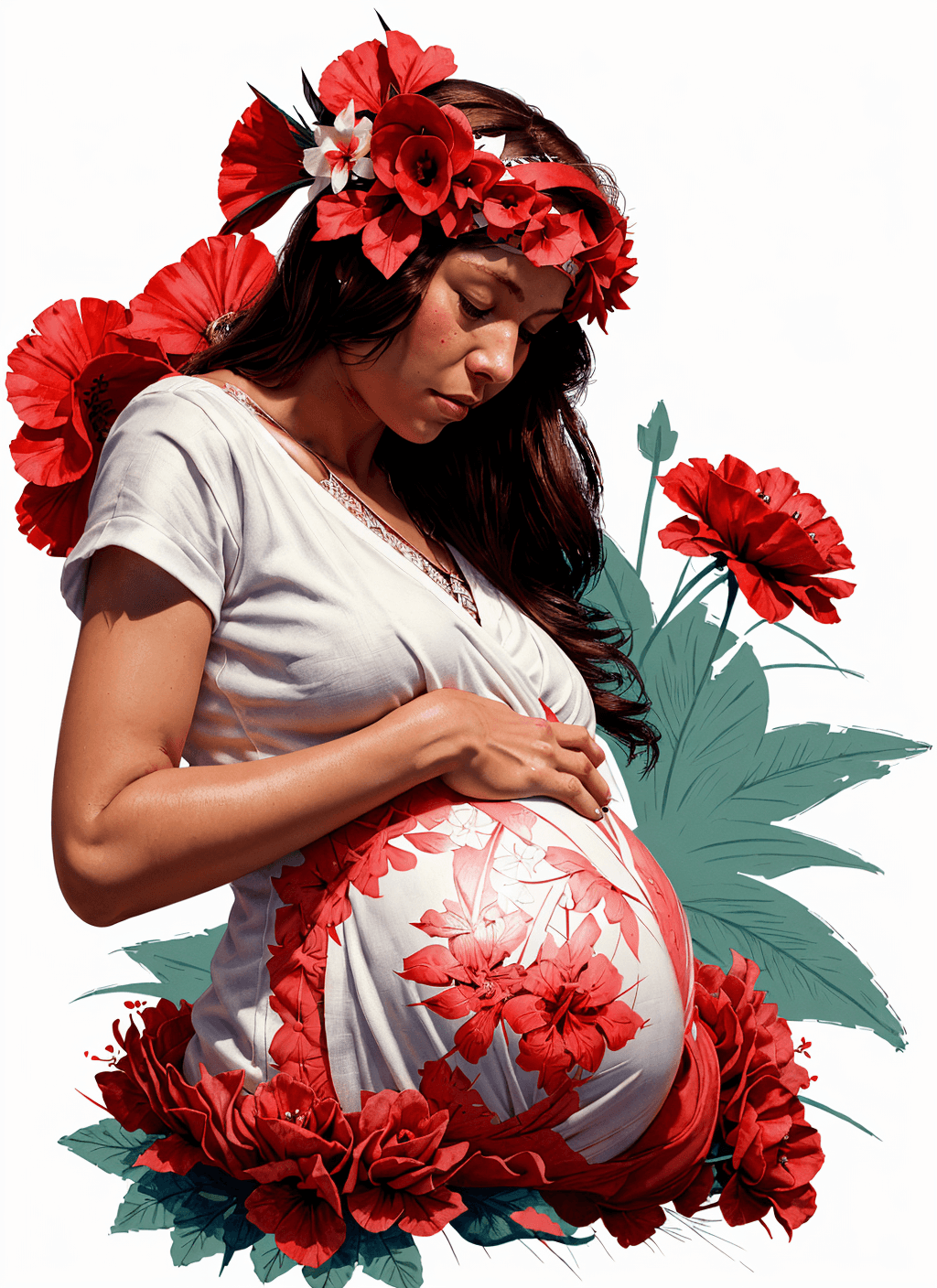 AI generated: A pregnant polynesian woman holding her belly, wearing a red flowers headband, painting and collage,...