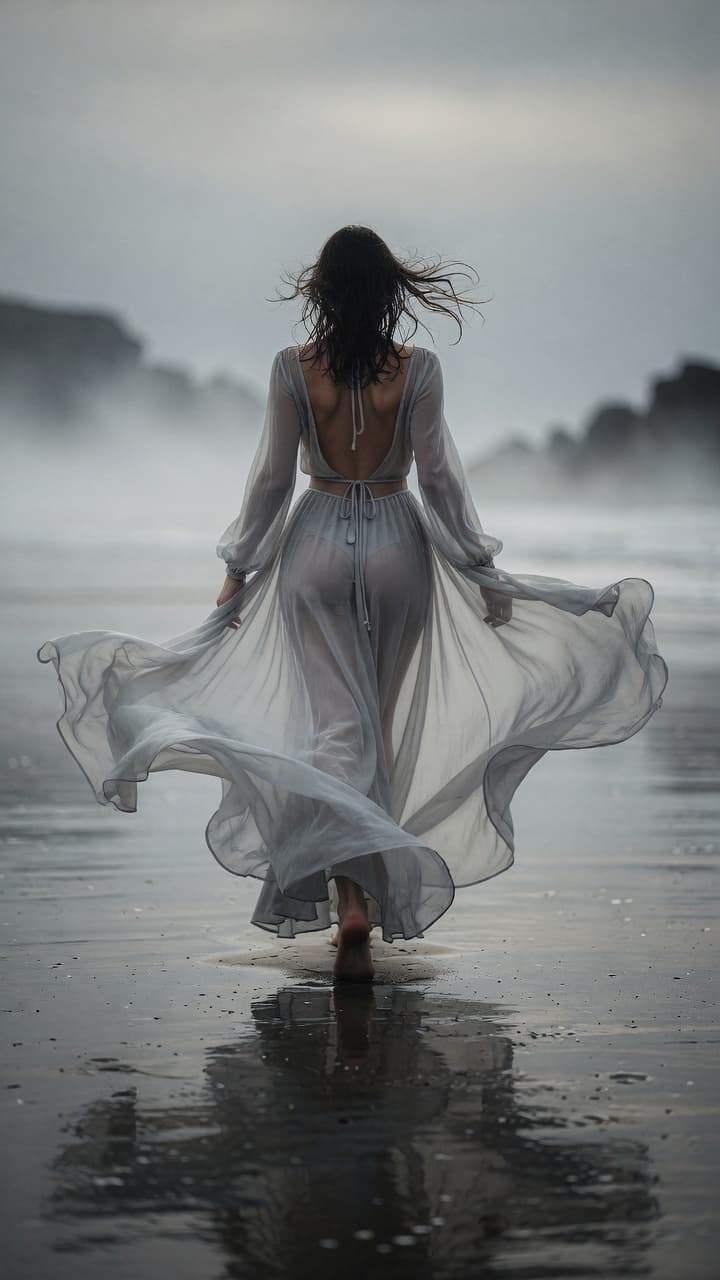 AI generated: cinematic portrait of a slender woman seen from behind, walking in a misty coastal landscape, wearin...