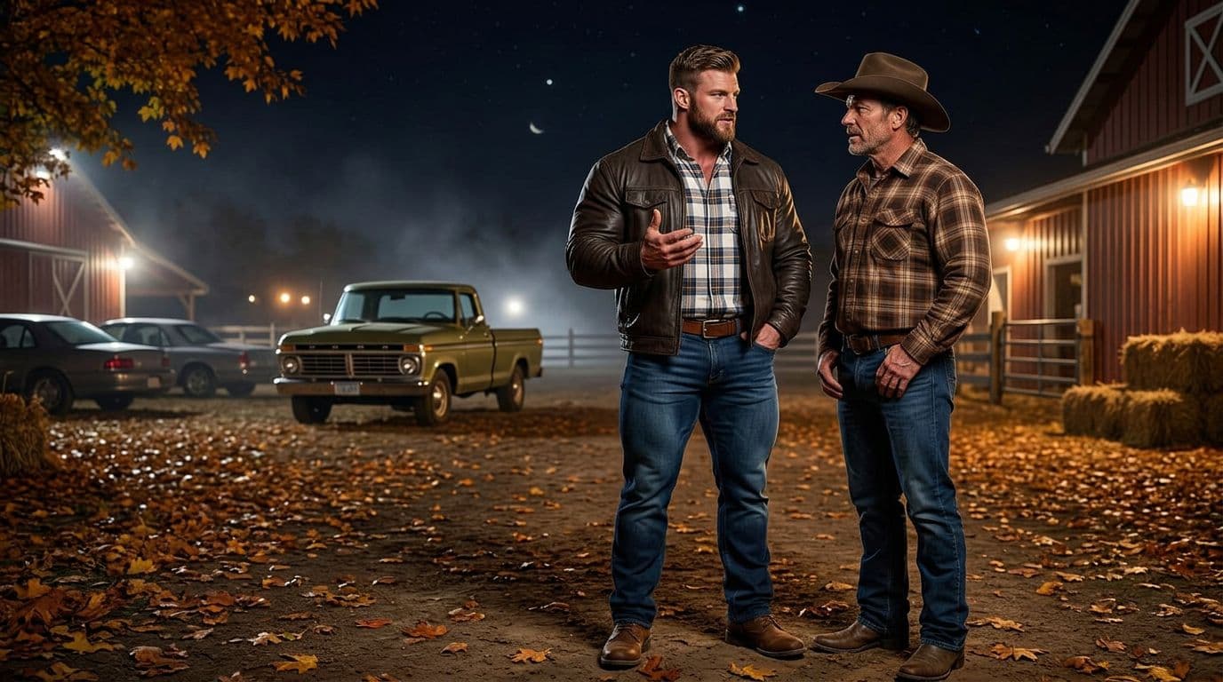 AI generated: In an Autumn night at a ranch. The vintage olive green Ford pick up truck is parked between other ca...