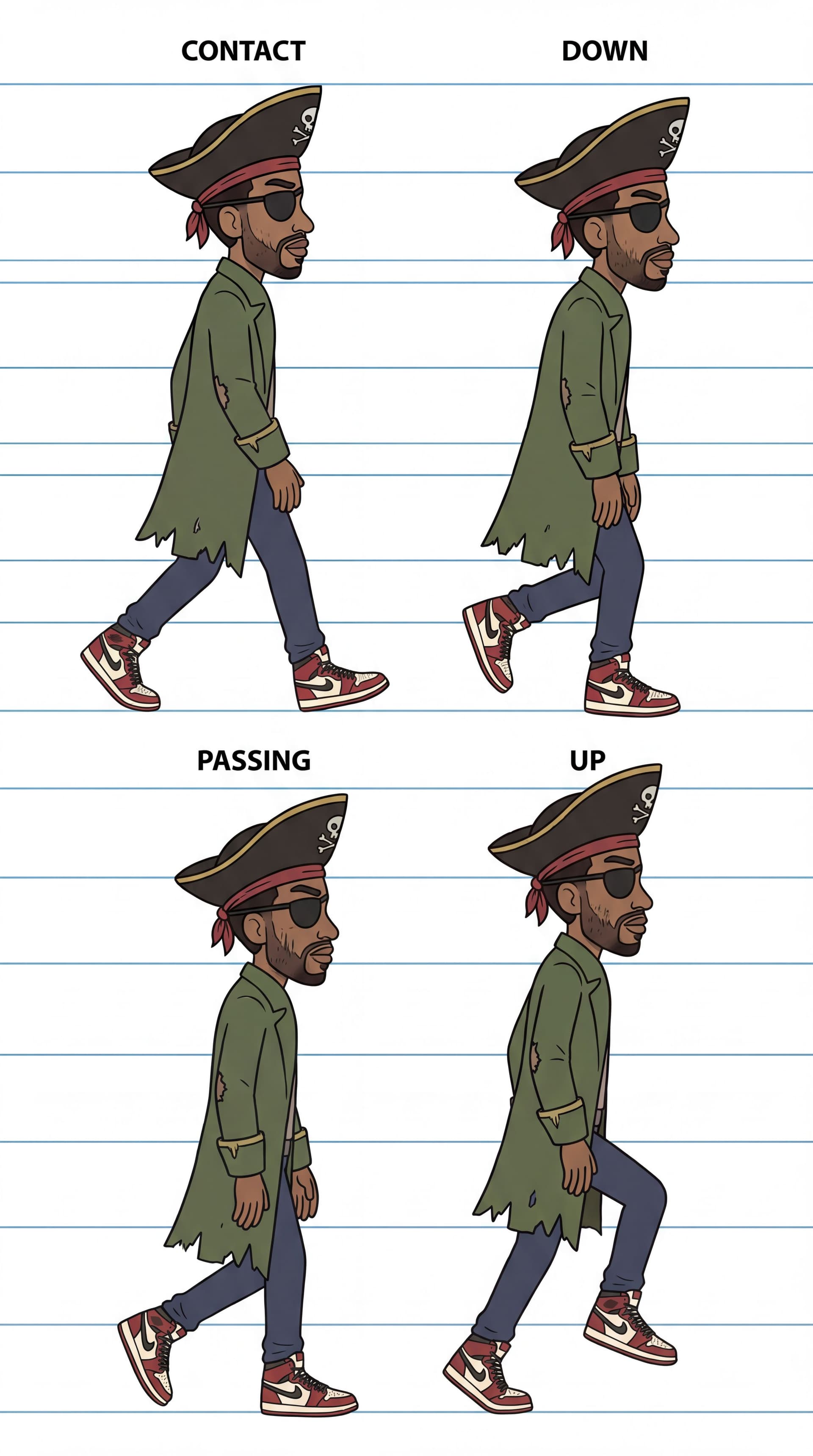 AI generated: Animation reference sheet, Animator's Survival Kit walk cycle, a grizzled pirate character. Sequence...