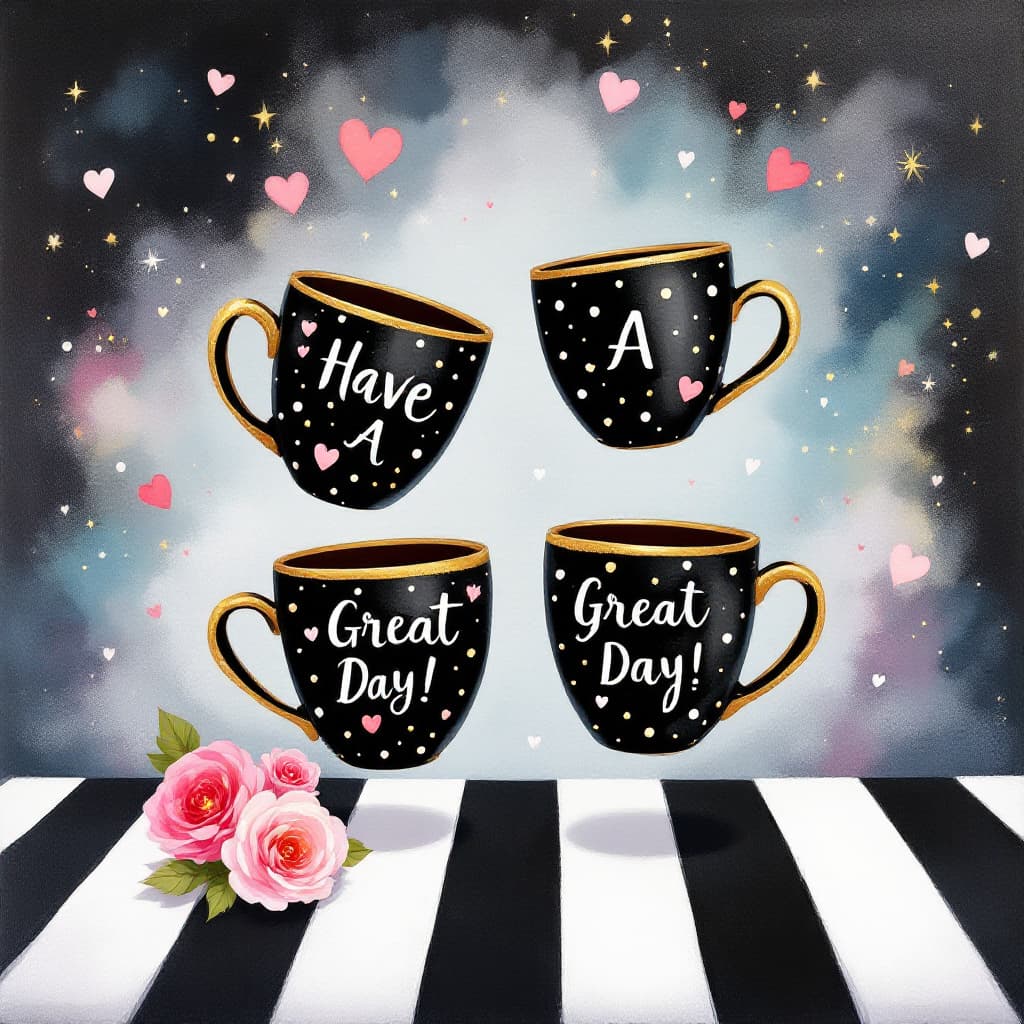 AI generated: A whimsical and enchanting illustration featuring four gold-rimmed black polka dot felt mugs, each d...