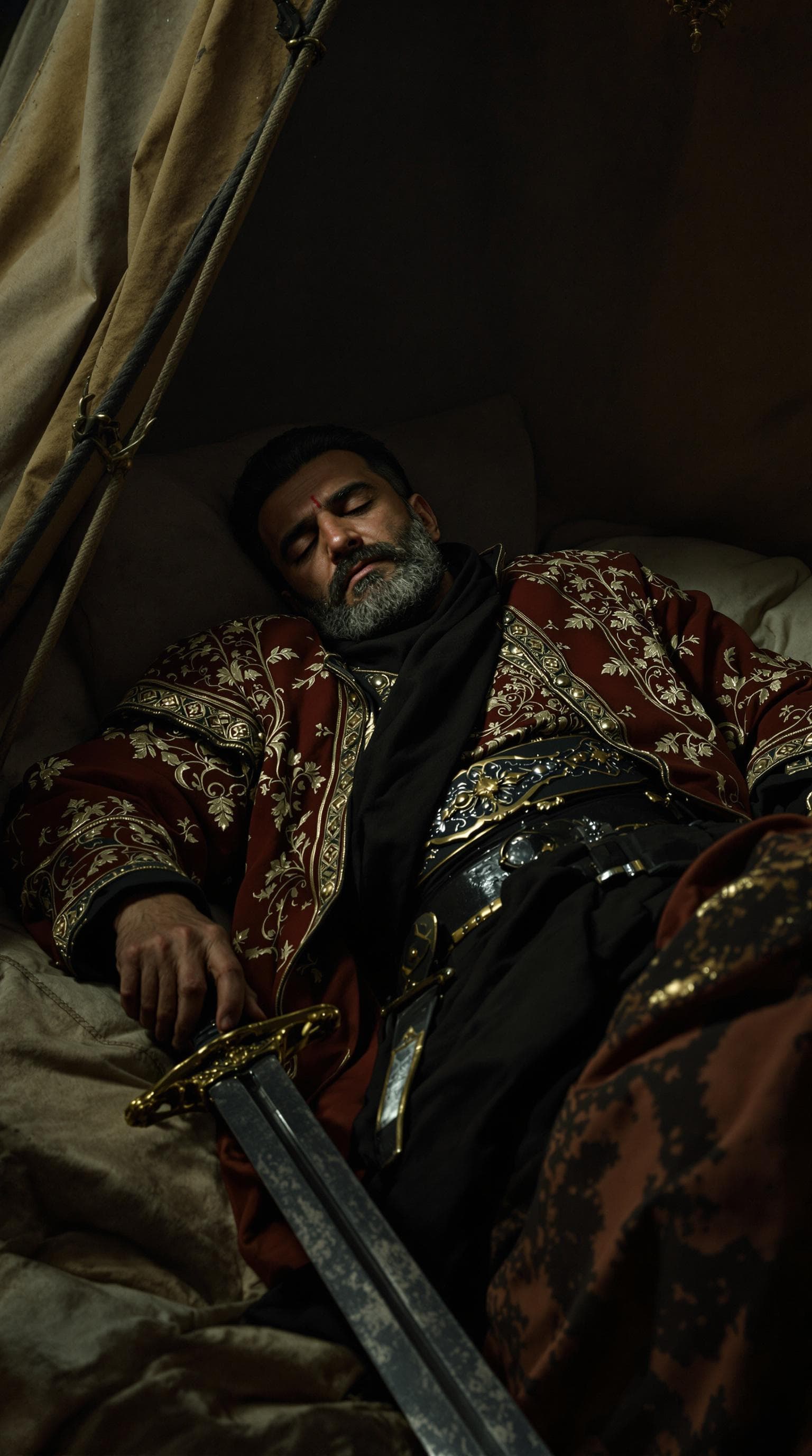 AI generated: Nader Shah Afshar, now 60 years old, lies within a canvas tent, his face marked with the deep lines ...