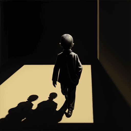AI generated: Oil on canvas painting of a little boy walking in a shadow world with shadows all around him in the ...