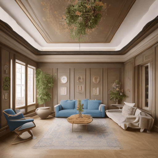 AI generated: High resolution photography interior design, dreamy sunken living room conversation pit, wooden floo...