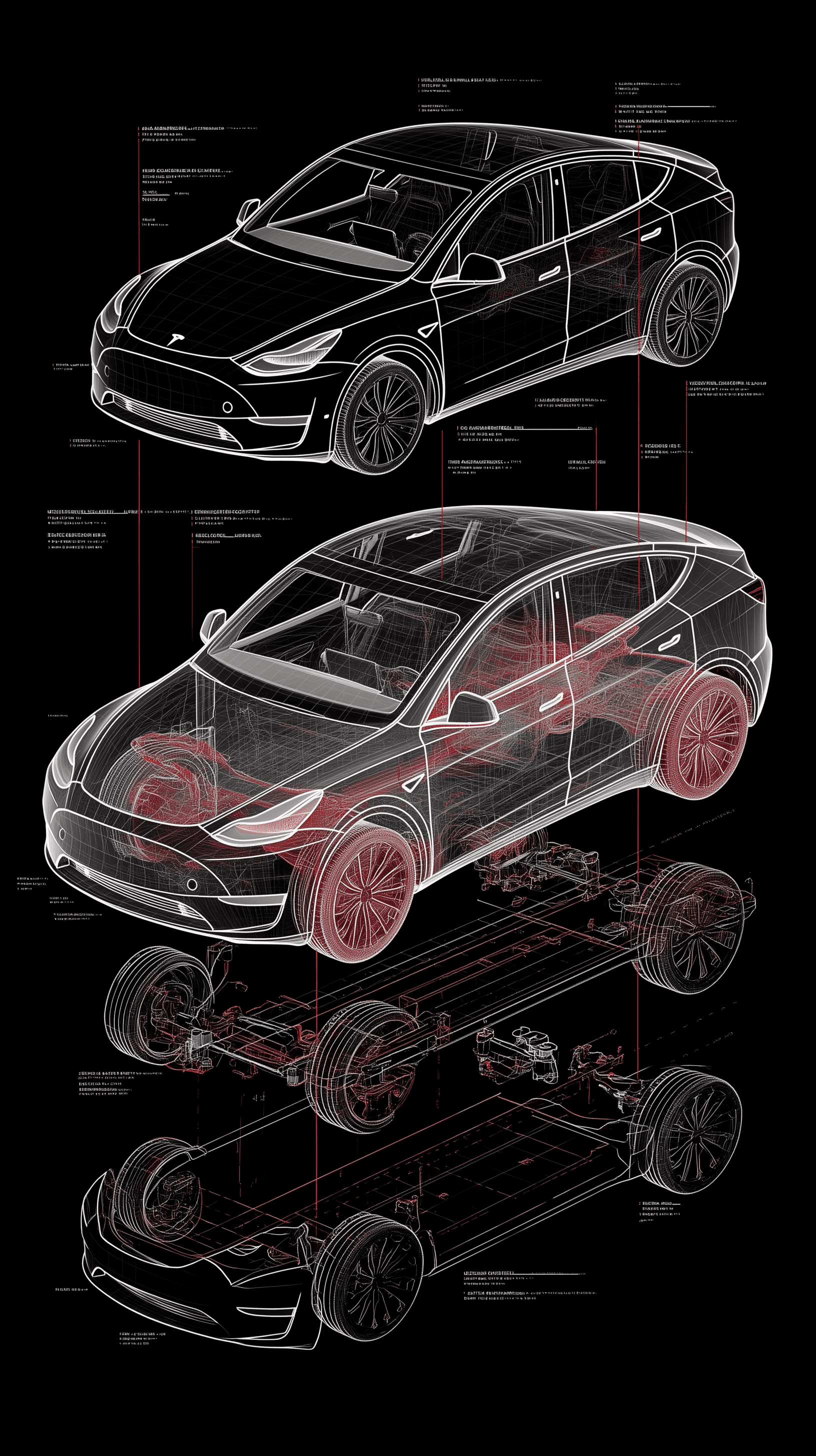 AI generated: exploded isometric blueprint of Tesla Model Y with contemporary minimal drafting style in white and ...
