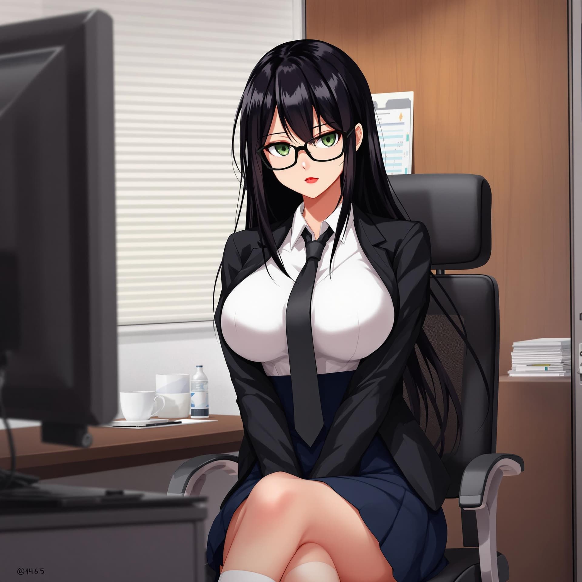 AI generated: anime, woman, black hair, long hair, green eyes, black glasses, red lips, white shirt, black tie, bl...