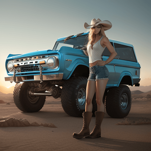 AI generated: Photo of a ultra realistic ford bronco with a sexy blond woman in shorts, tanktop, cowboy hat, cowbo...