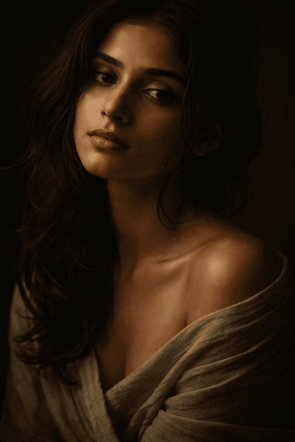 AI generated: Cinematic sensual portrait of an Indian woman, quiet intimate mood, soft low-key lighting grazing th...