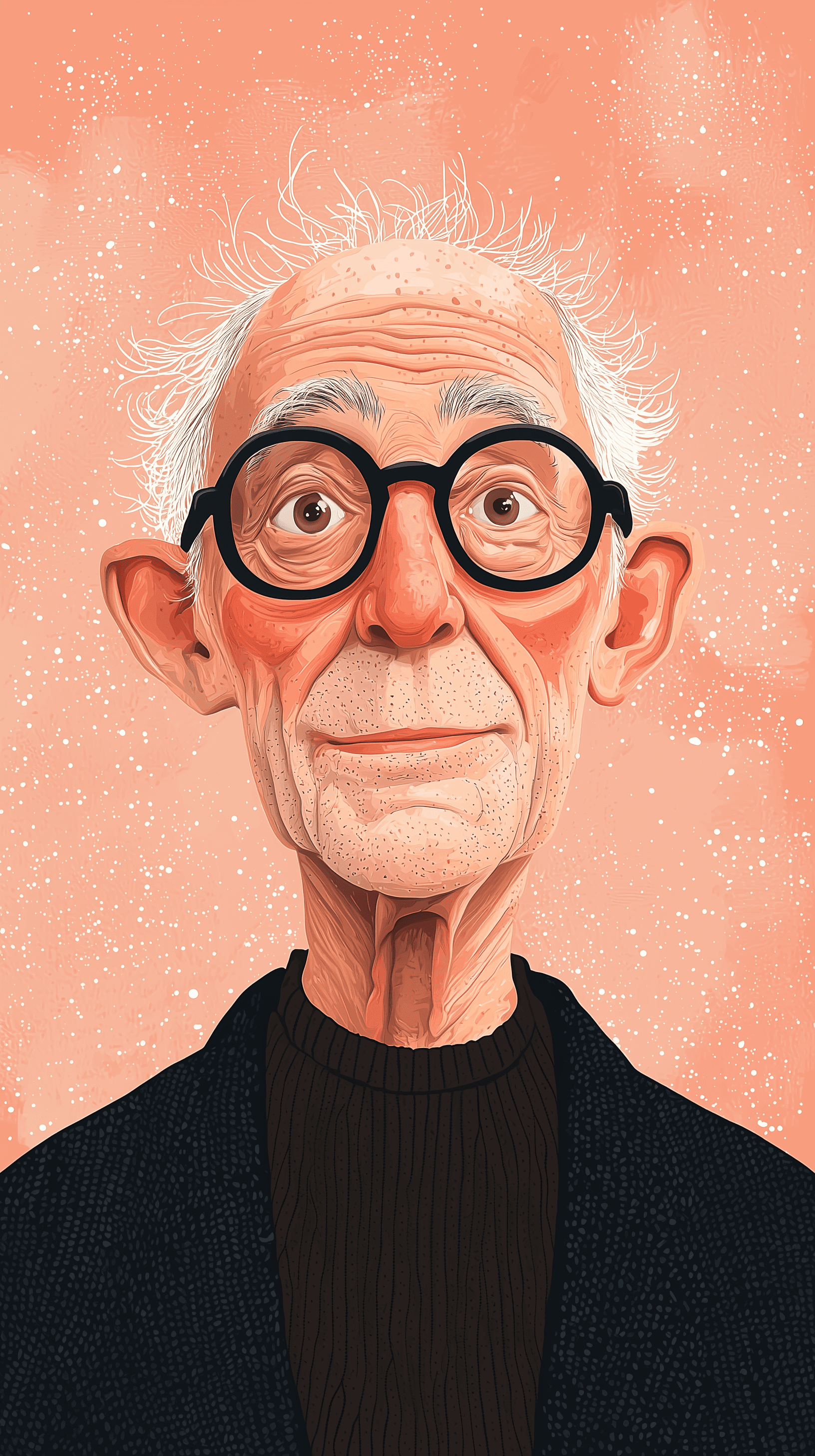 AI generated: vector art, front view, elderly man, forest green figure on pale pink backdrop, balding with wispy s...