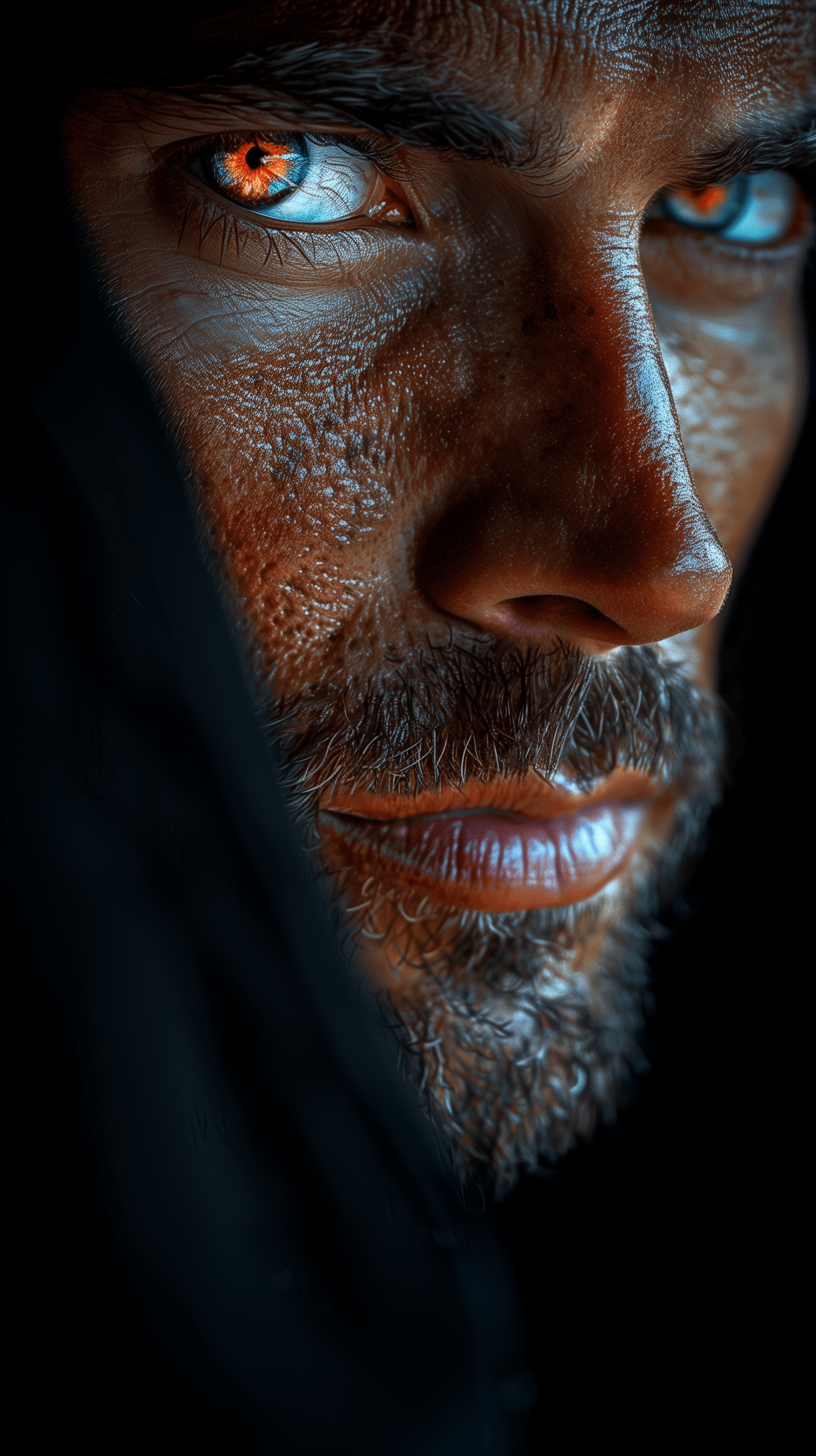 AI generated: dramatic portrait of a man, his face partially obscured by a shadow against a black background, myst...
