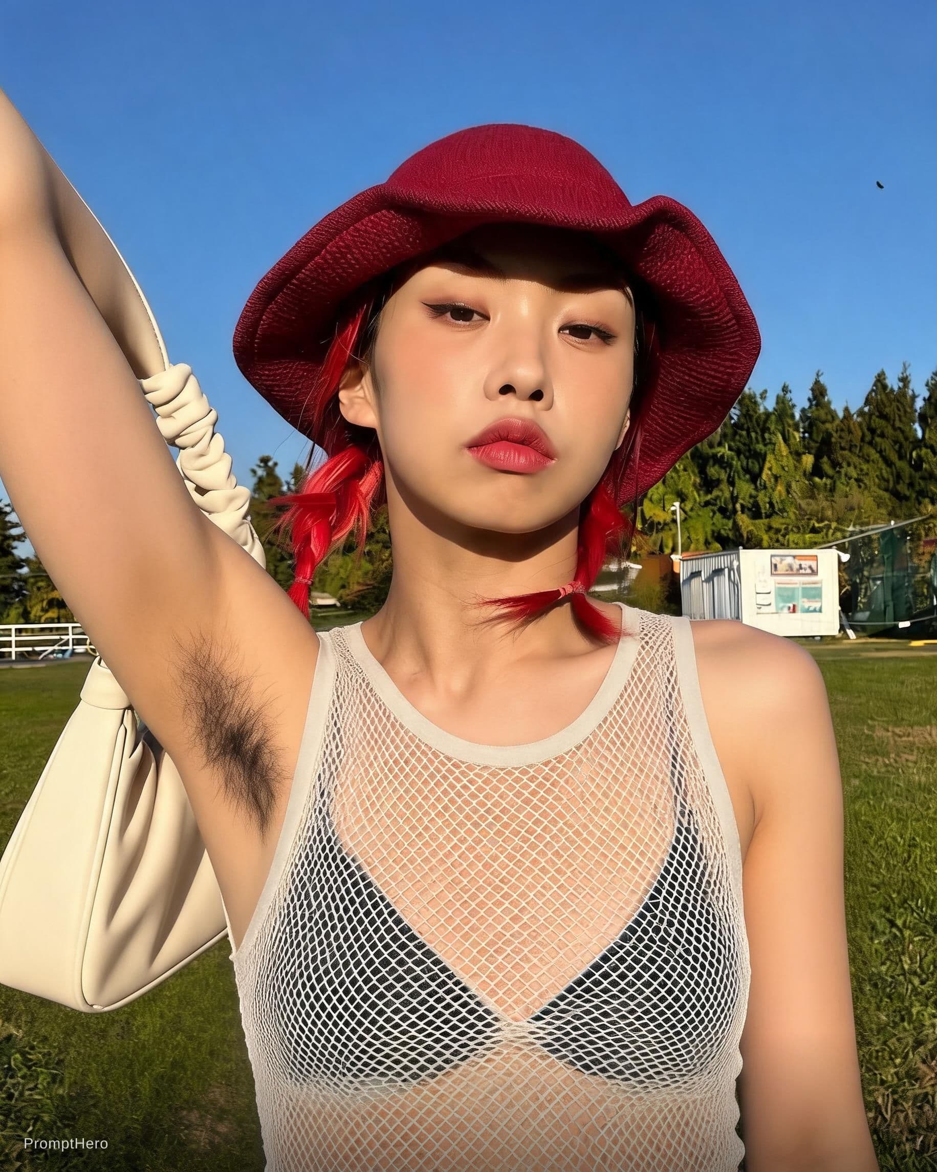 AI generated: hairy armpit, wearing mesh tanktop