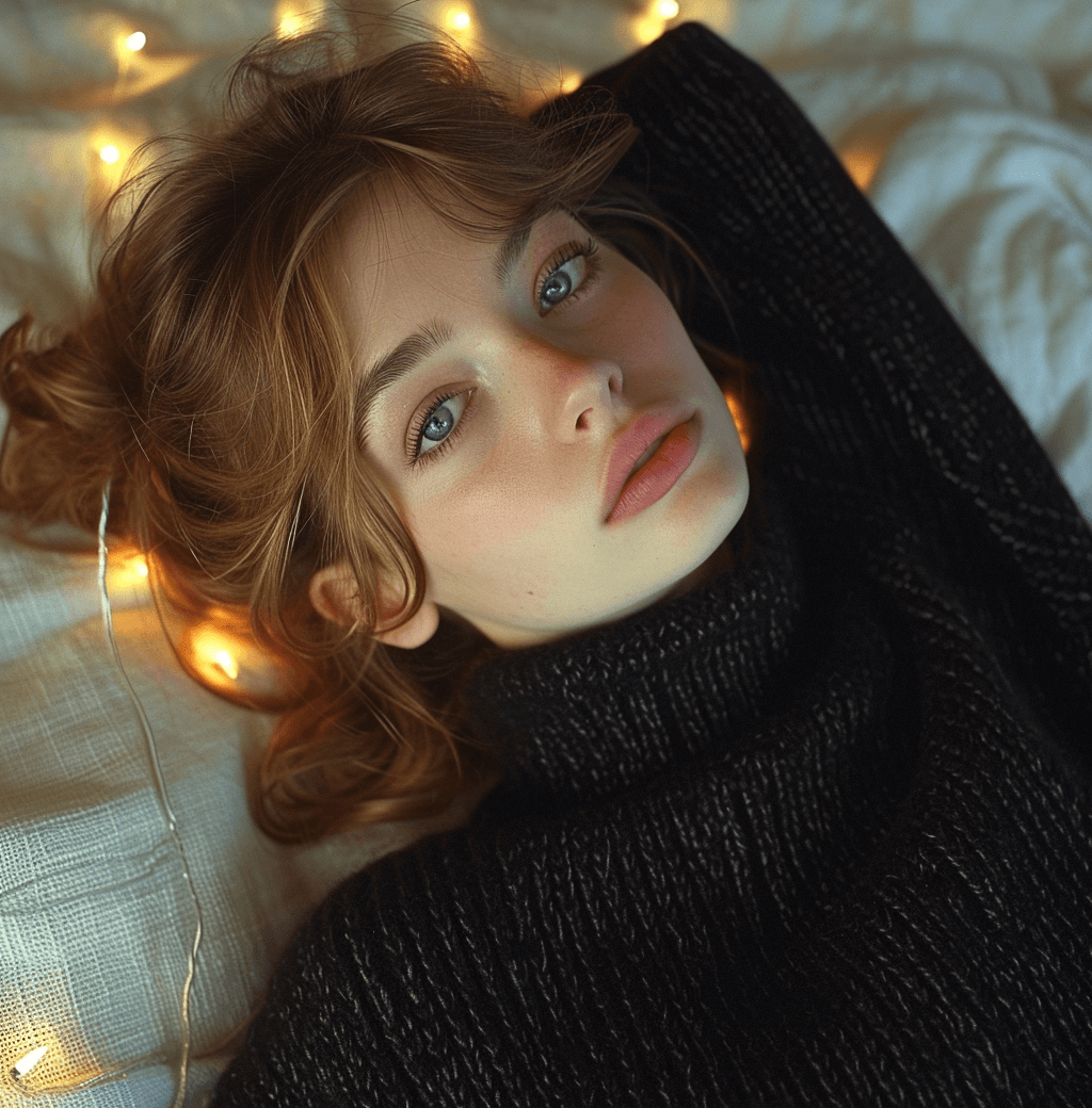 AI generated: a woman is laying on a bed wearing a black sweater, in the style of reylia slaby, trendercore, fawnc...