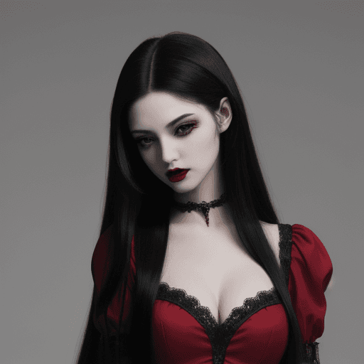 AI generated: High resolution ,vampire gothic girl,wearing beautiful  red dress,long hair, black hair