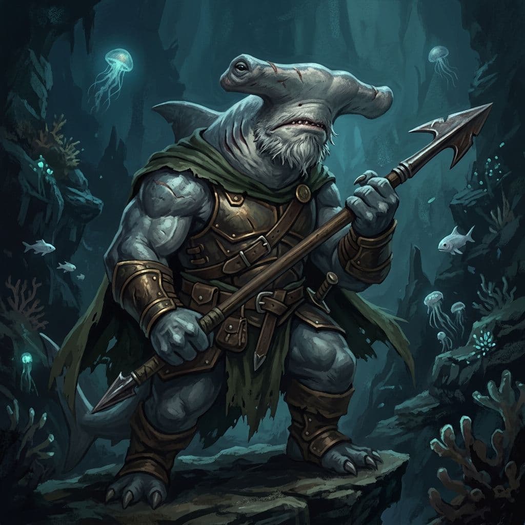 AI generated: an older male anthropomorphic hammerhead shark, muscular build holding a harpoon in his hands, backg...