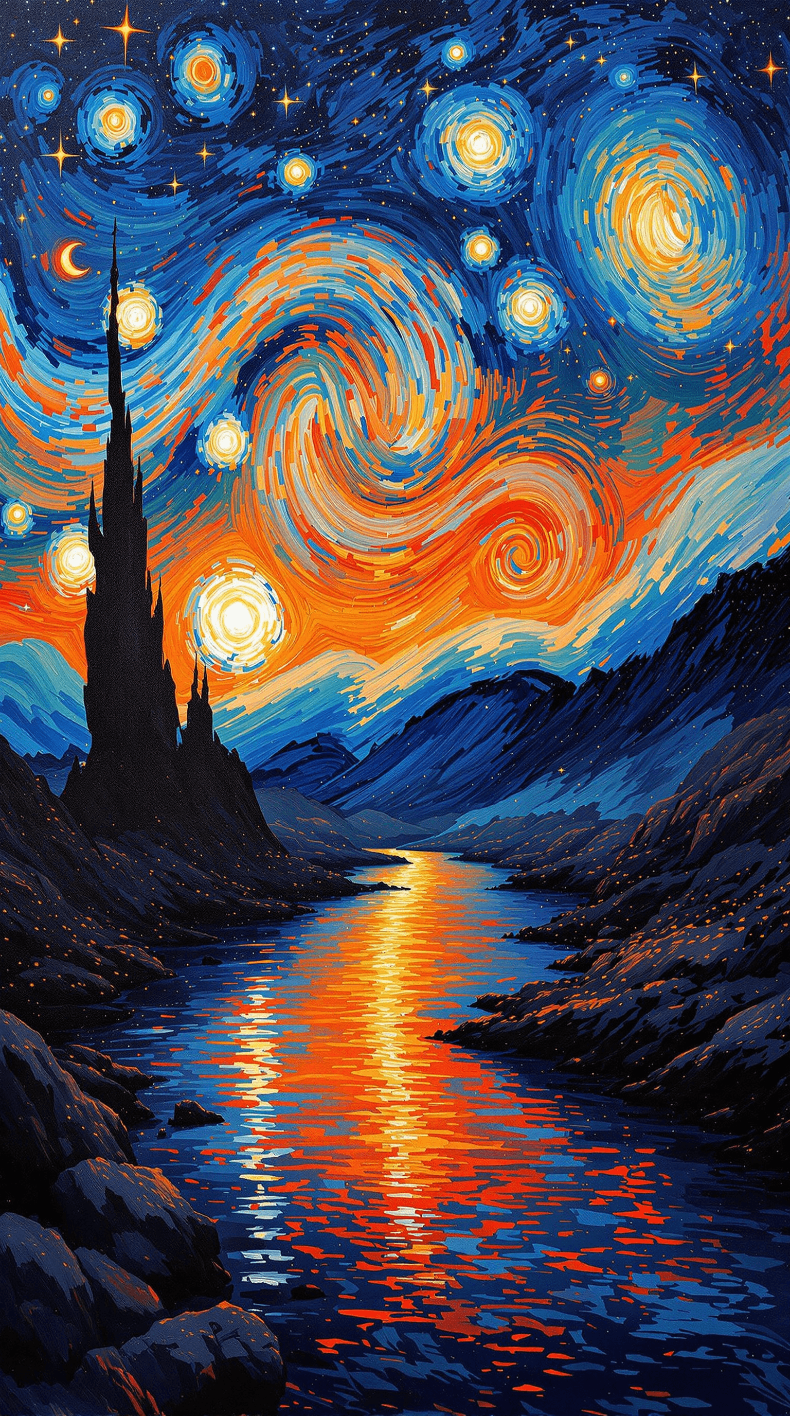 AI generated: A Van Gogh-inspired starry night scene, vivid swirling brush strokes of fiery orange and deep blue, ...
