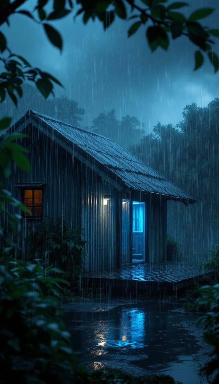 AI generated: A hyper-realistic 8K scene during an intense storm on a very dark night. The image centers on an iso...