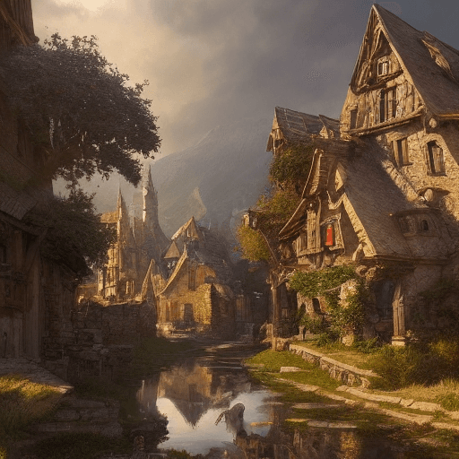 AI generated: """a beautiful dark fantasy medieval large village with several houses made of stones in a beautiful...