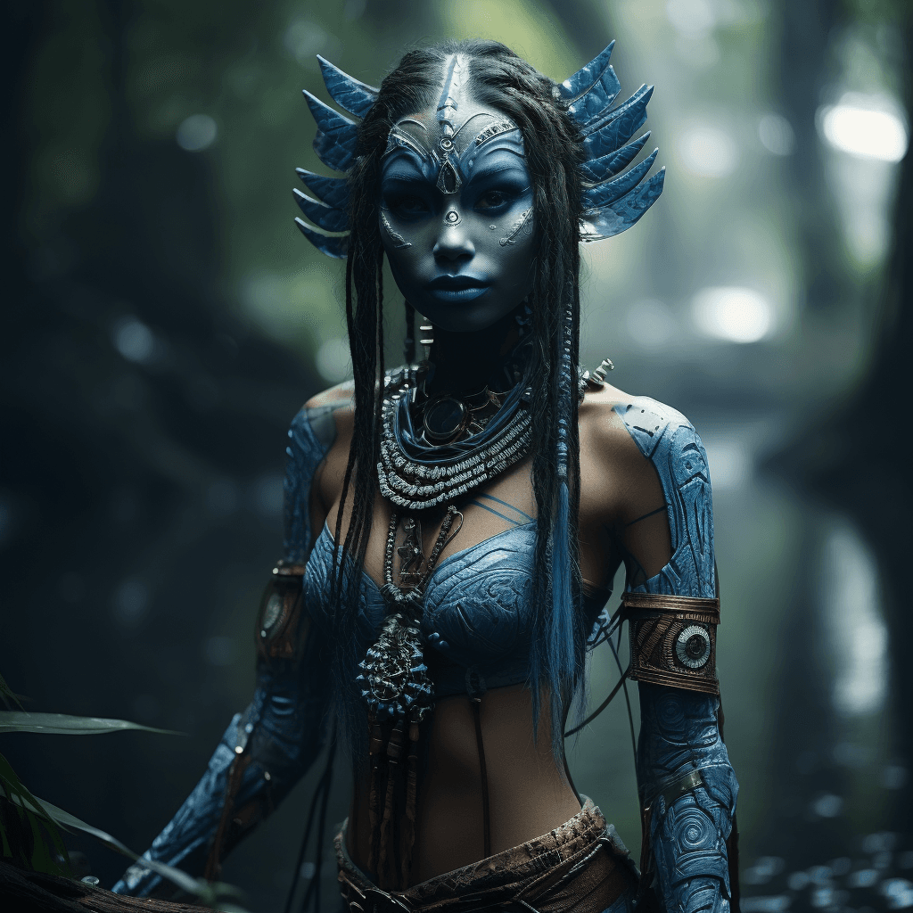 AI generated: full body of a young woman dressed as an elf in mystical blue paint, in the style of zeen chin, 32k ...