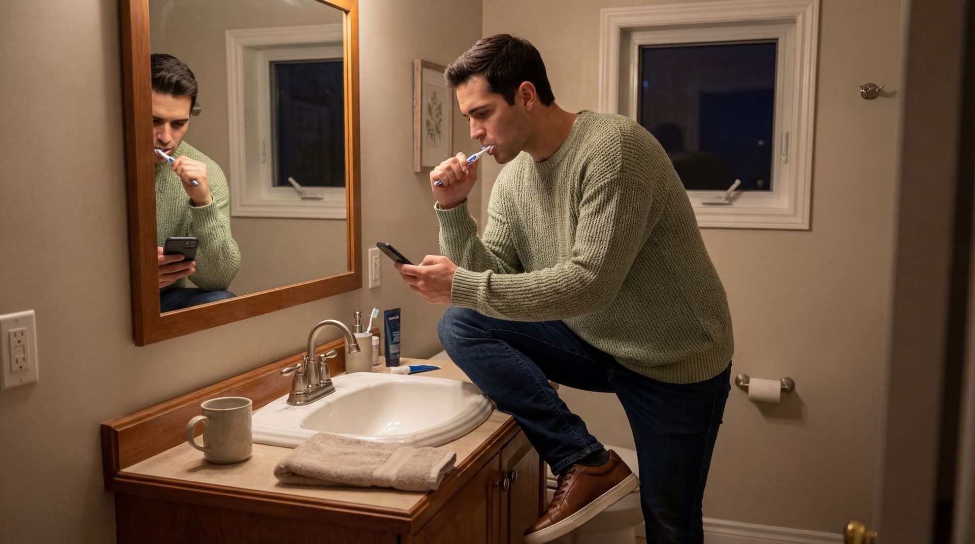 AI generated: At a cozy bathroom sink. it's dark outside. The Hispanic guy is brushing his teeth with one hand and...