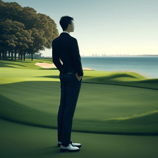 AI generated: a man standing on top of a lush green field, a picture, by Wen Boren, golf course in background, sea...