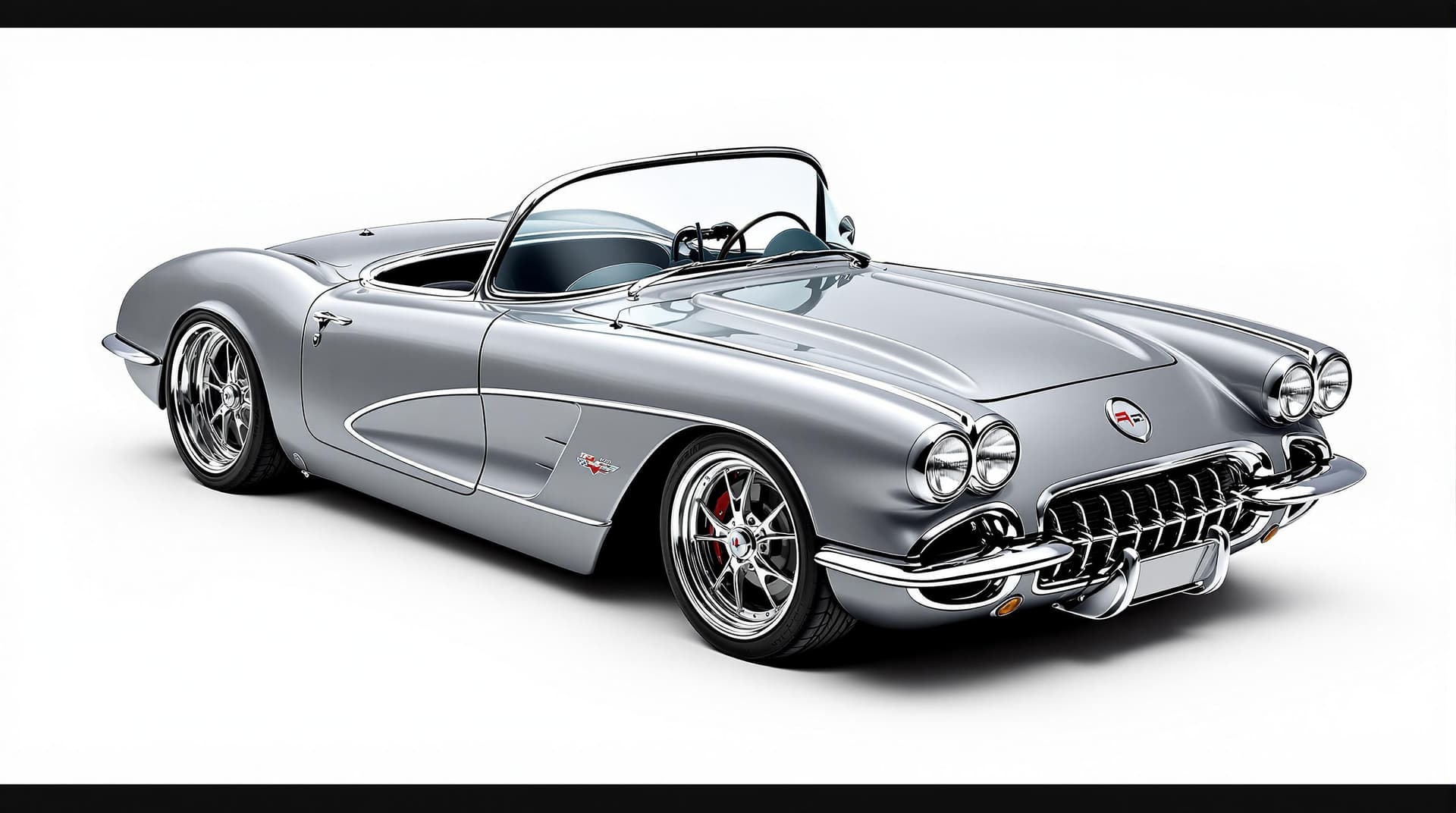 AI generated: Hyper realistic 1959 chevy corvette convertible, top front side view, gray color, restomod with 20" ...