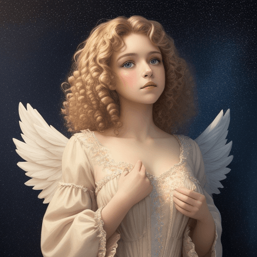AI generated: masterpiece, best quality, bored woman in angel costume with curly hair, sky and stars on the wall b...