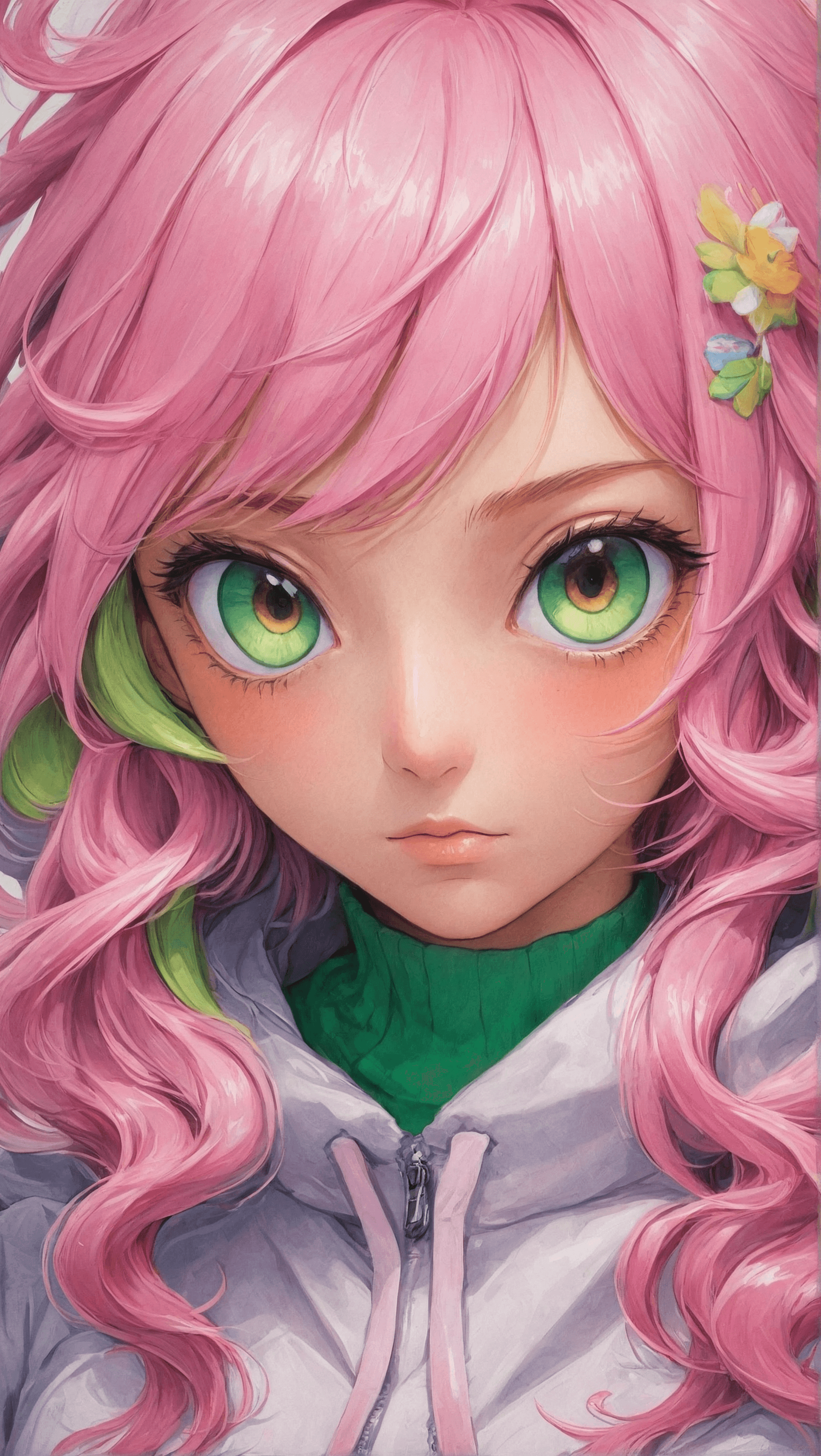 AI generated: Discover A Charming Digital Art Piece Featuring A Cute Girl In A Baggy Hoodie, Her Intricate Pink Ha...