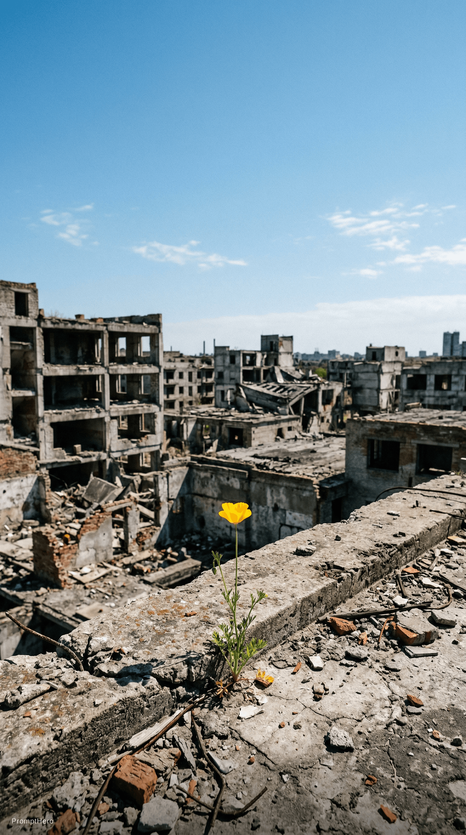 AI generated: urban, ruins, clear skies, single flower, contrast, lonely