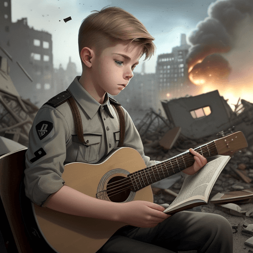 AI generated: Draw a young man reading a book with his right hand while playing the guitar with his left hand, all...